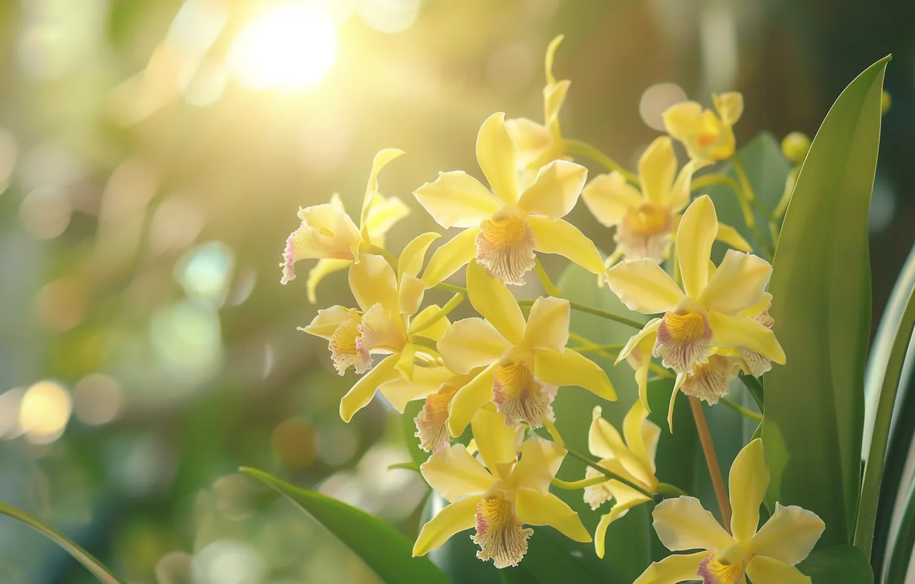 Photo wallpaper leaves, the sun, rays, light, flowers, nature, yellow, garden