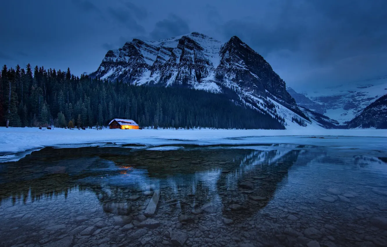 Photo wallpaper winter, forest, snow, mountains, lake, stones, spruce forest