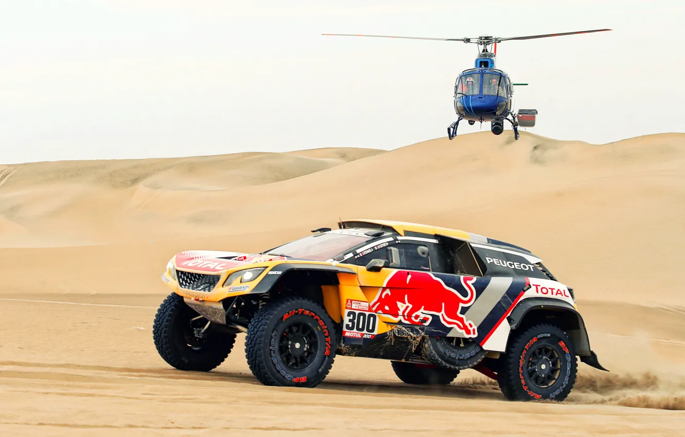 Photo wallpaper Sand, Auto, Sport, Machine, Speed, Helicopter, Race, Peugeot