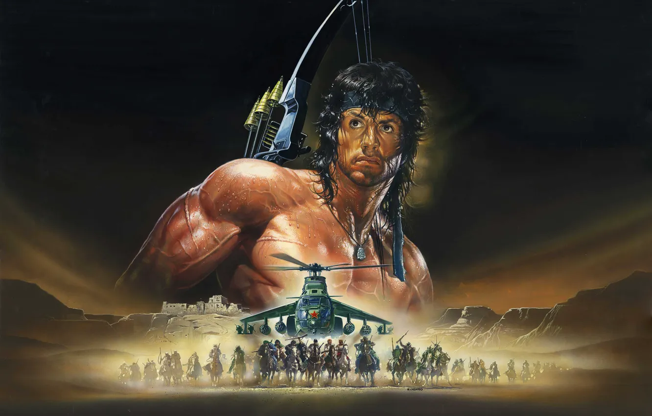 Photo wallpaper art, Mi-24, poster, Sylvester Stallone, bow, riders, Renato Casaro, Rambo III