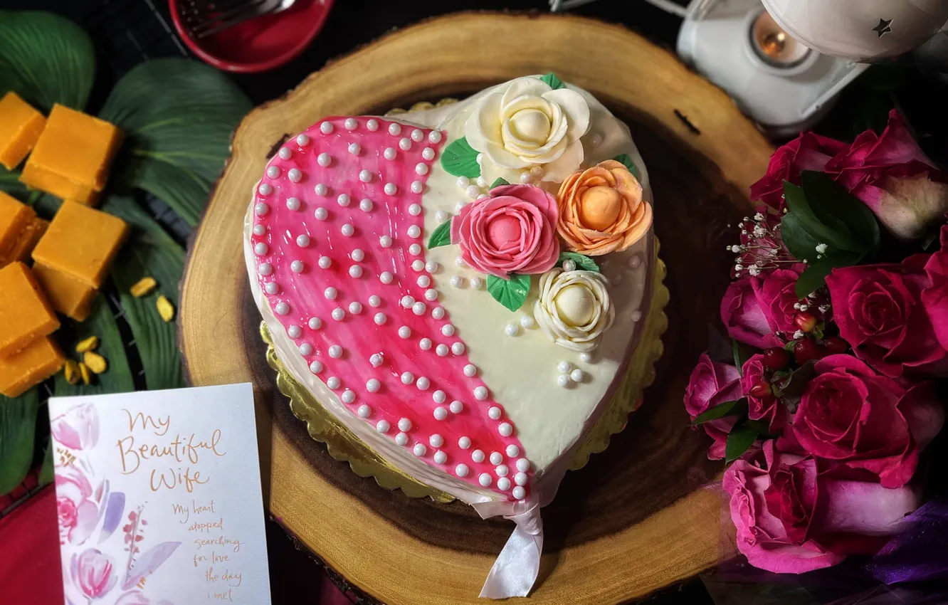 Photo wallpaper heart, cake, rosette
