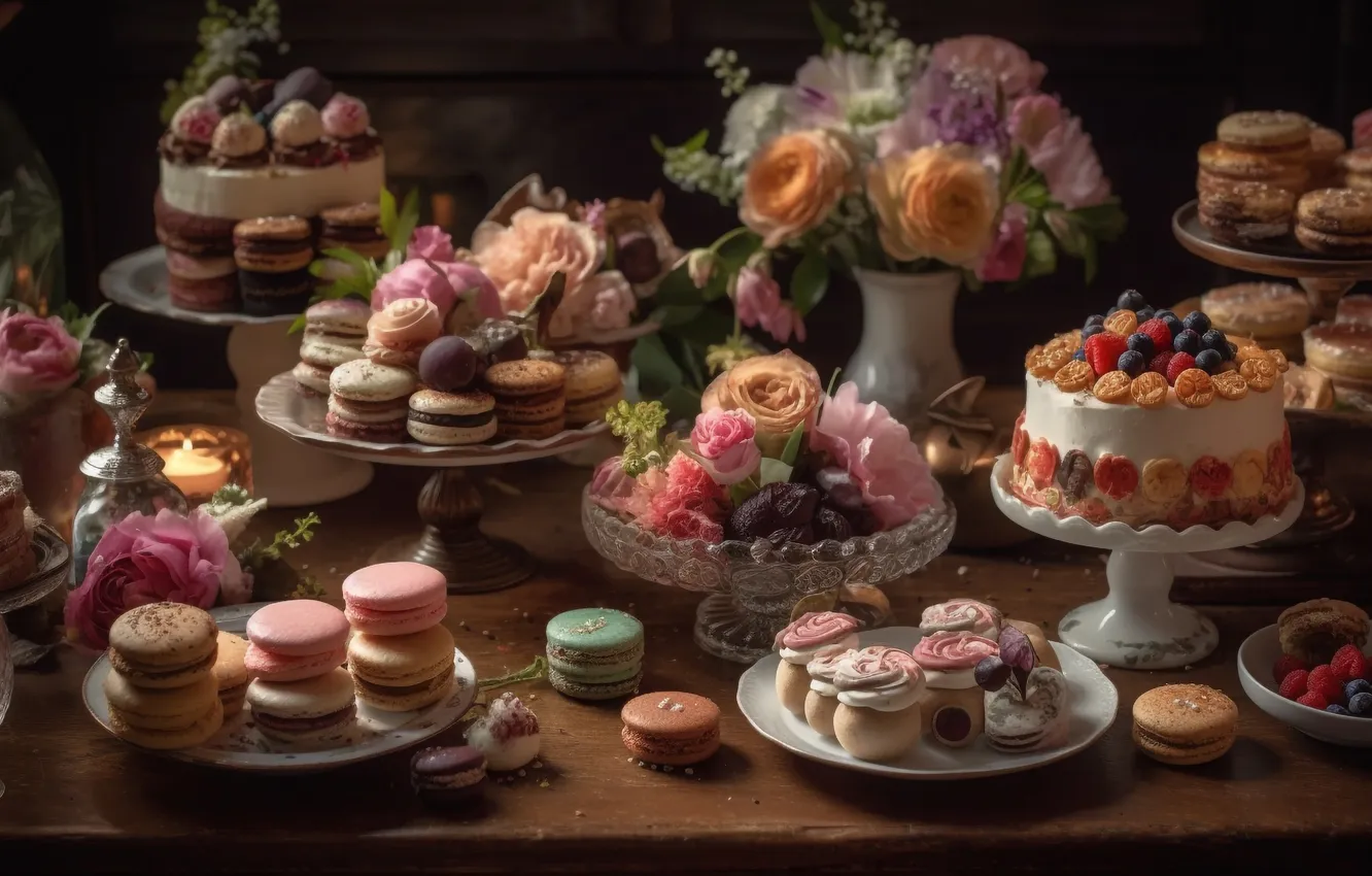 Photo wallpaper flowers, sweets, cake, still life, cake, flowers, still life, sweets