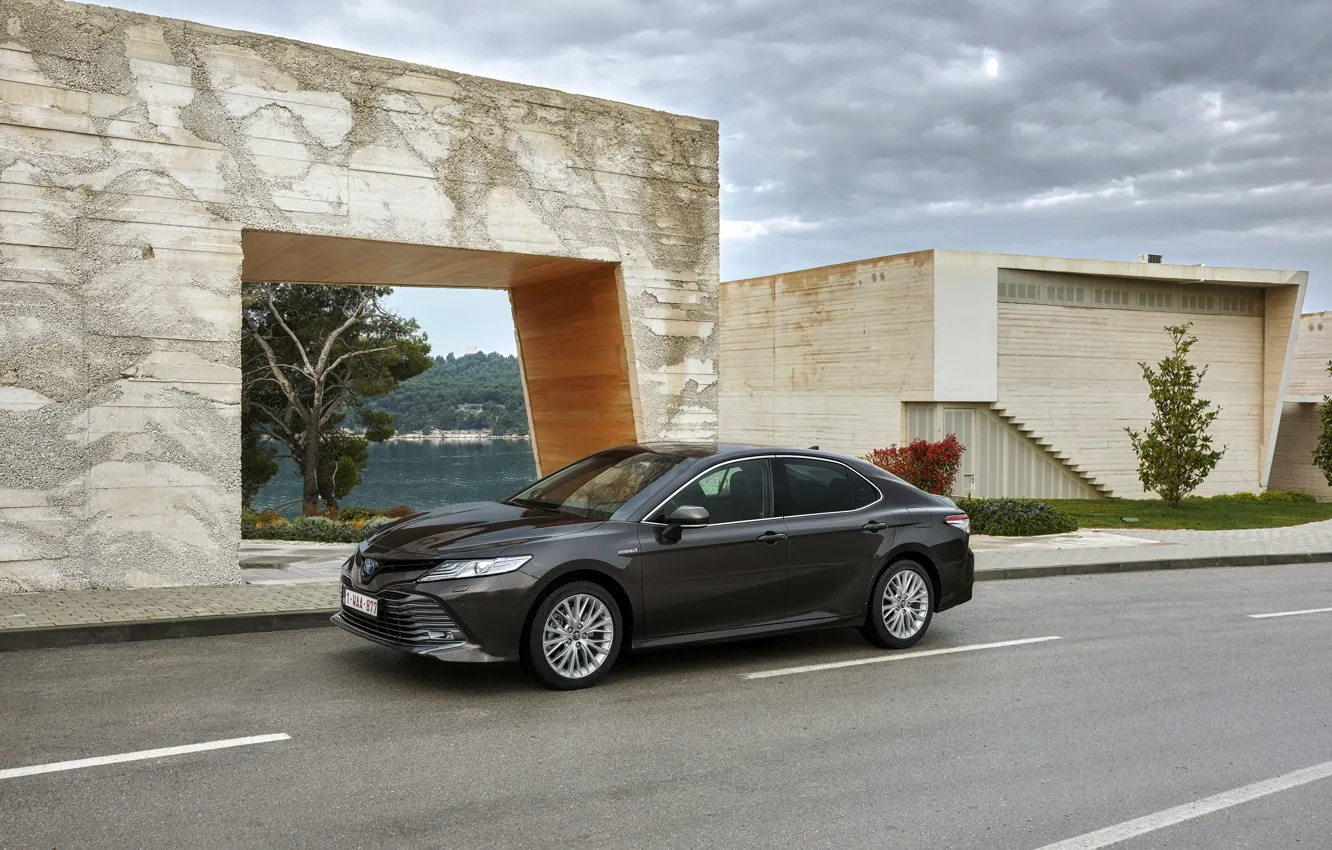 Photo wallpaper road, Toyota, sedan, the sidewalk, Hybrid, Camry, 2019