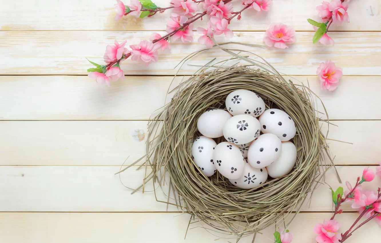 Photo wallpaper flowers, basket, eggs, spring, Easter, wood, pink, blossom