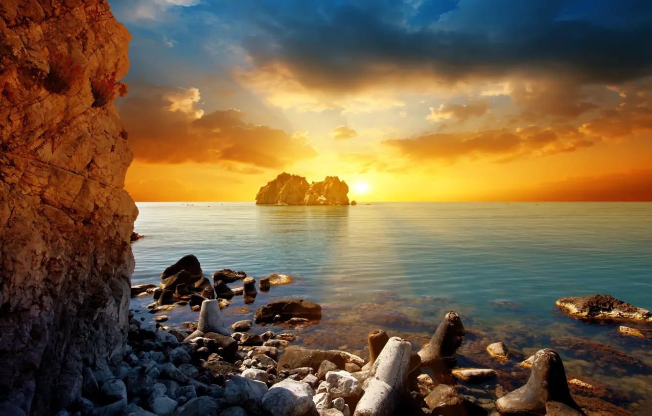 Photo wallpaper sea, the sun, sunset, clouds, rocks, the evening, sea, sunset