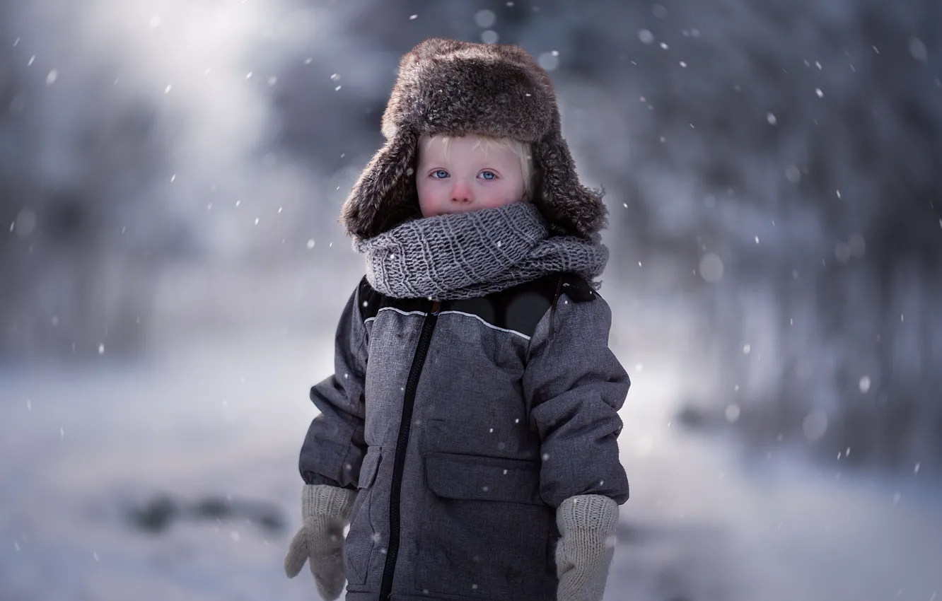 Photo wallpaper winter, look, hat, baby, coat, mittens