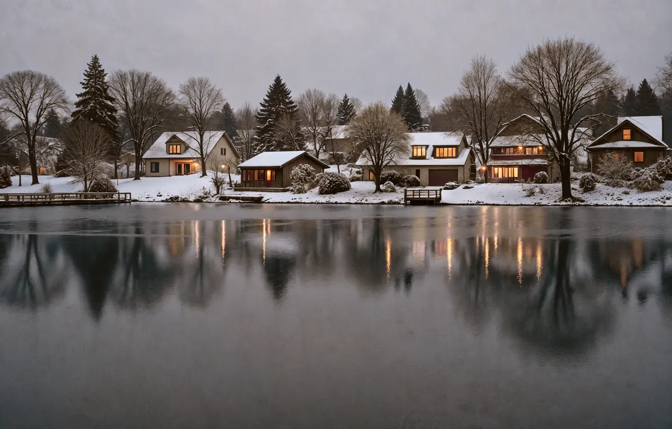 Photo wallpaper winter, snow, the city, river, home, house, hut, nature