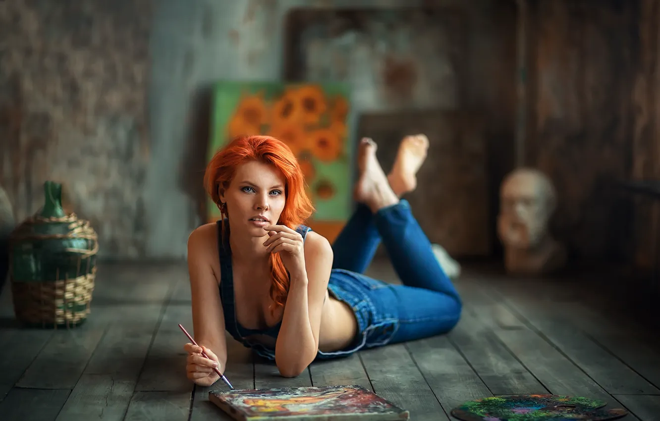 Photo wallpaper girl, pose, mood, pictures, red, jumpsuit, redhead, Anastasia Barmina