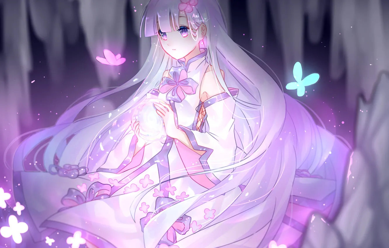 Photo wallpaper lights, magic, butterfly, girl, sphere, flowers, priestess, long hair