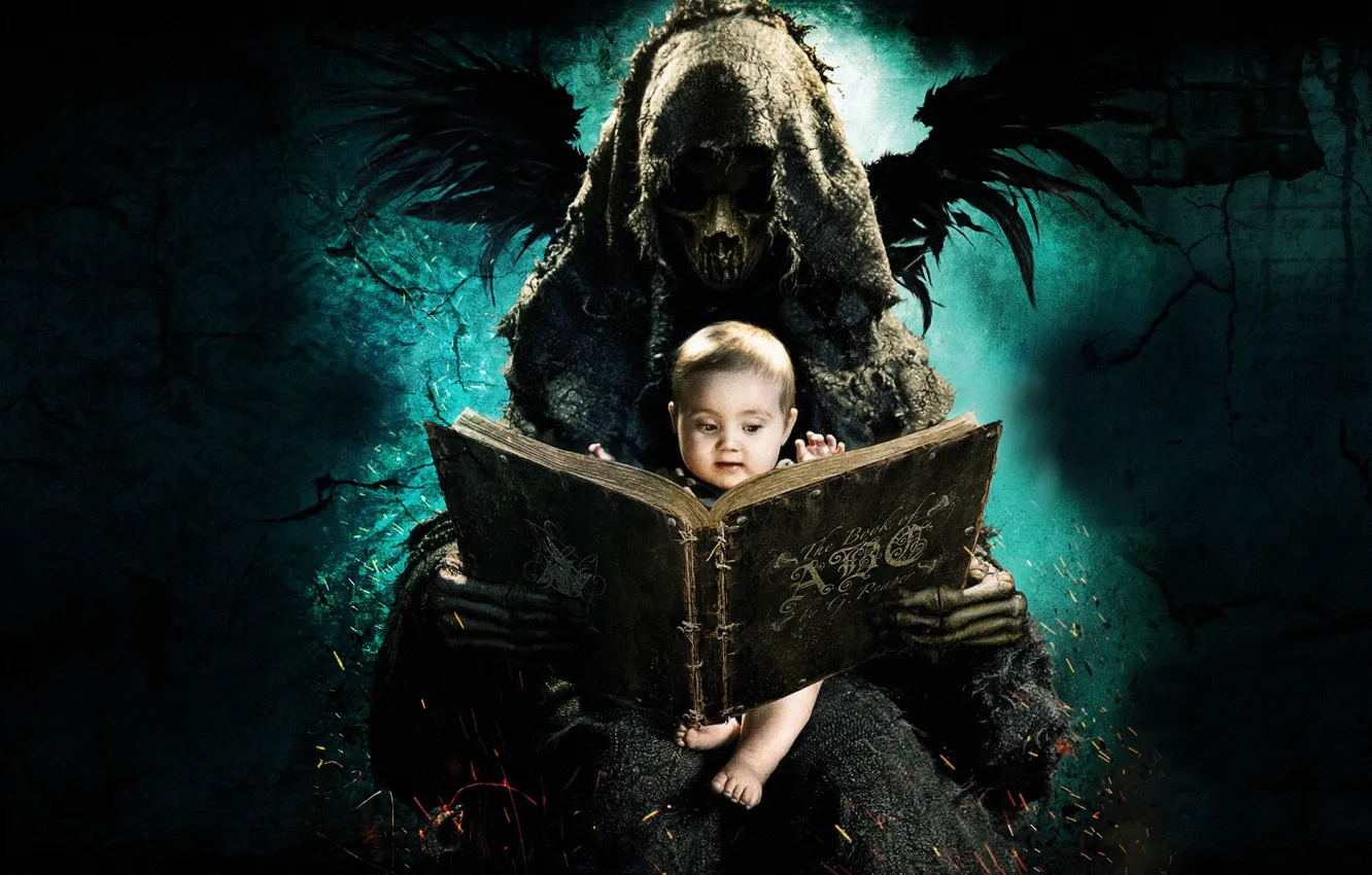 Photo wallpaper children, wall, skull, wings, the demon, Ghost, book, hoodie