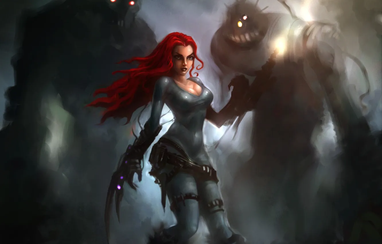 Photo wallpaper girl, fog, weapons, monster, art, red, Alex Ruiz