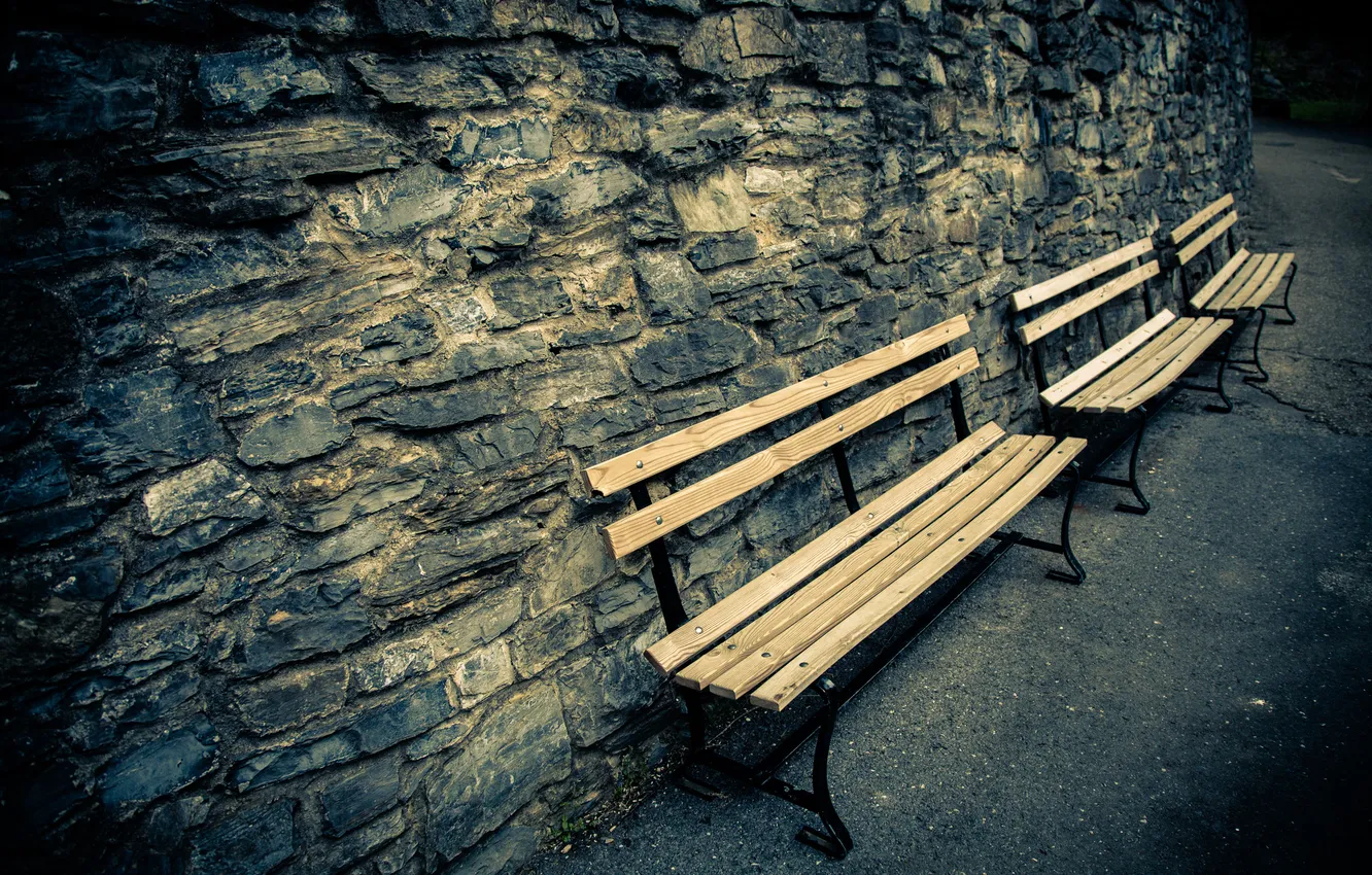 Photo wallpaper the city, wall, bench