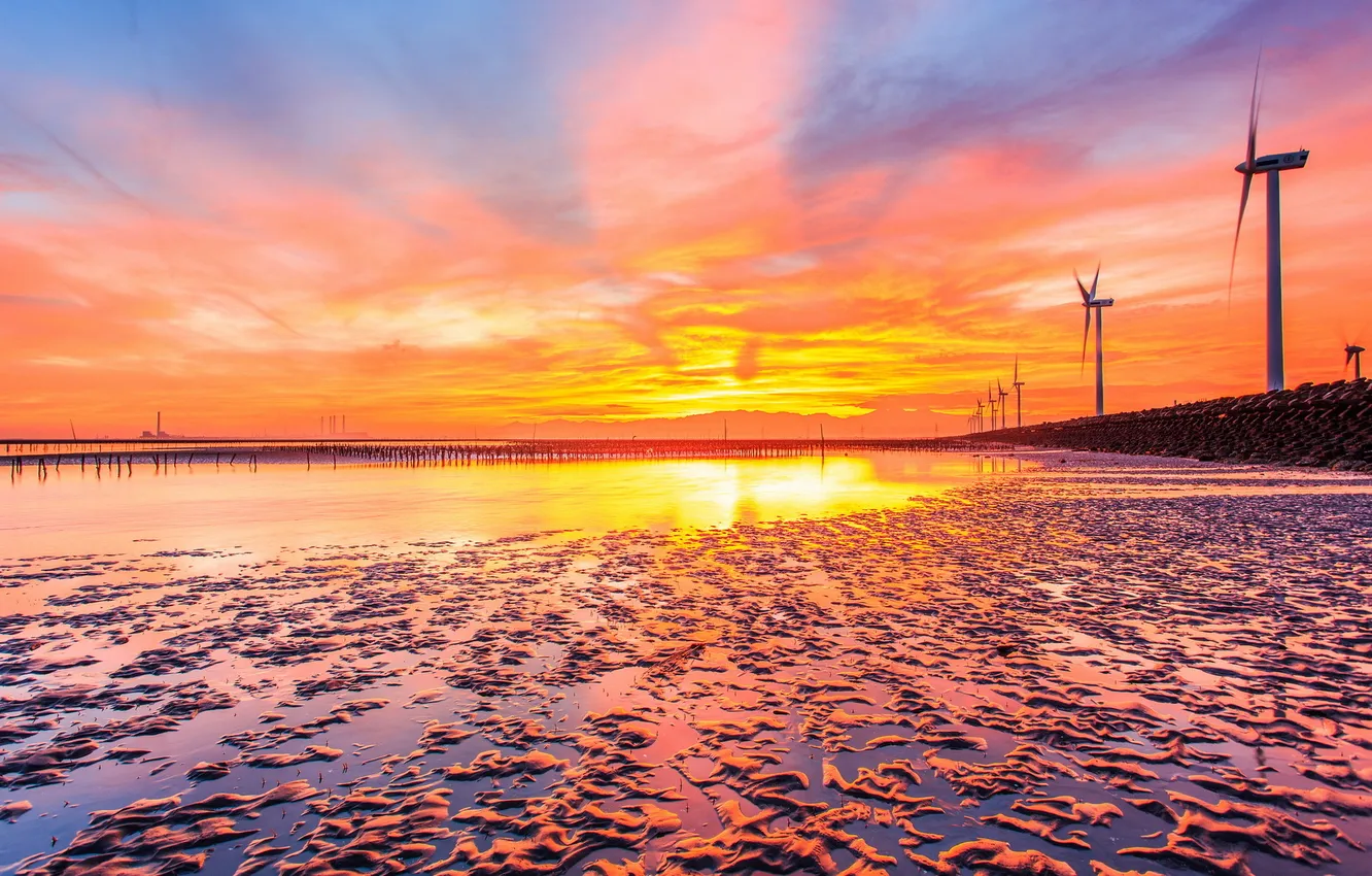Photo wallpaper sea, landscape, sunset, windmills
