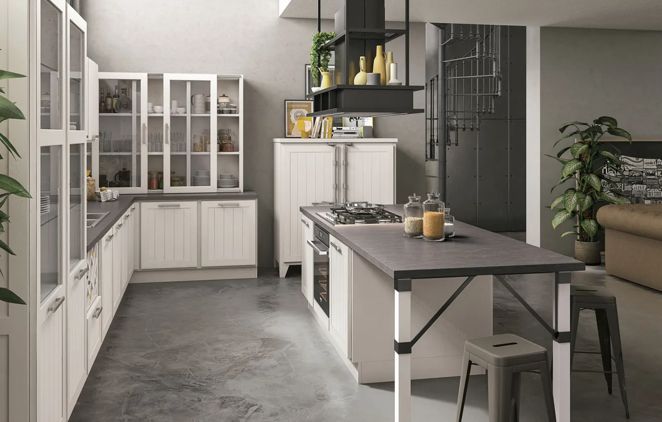 Photo wallpaper style, interior, kitchen, living room, dining room, dining area, spiral staircase, Italian design