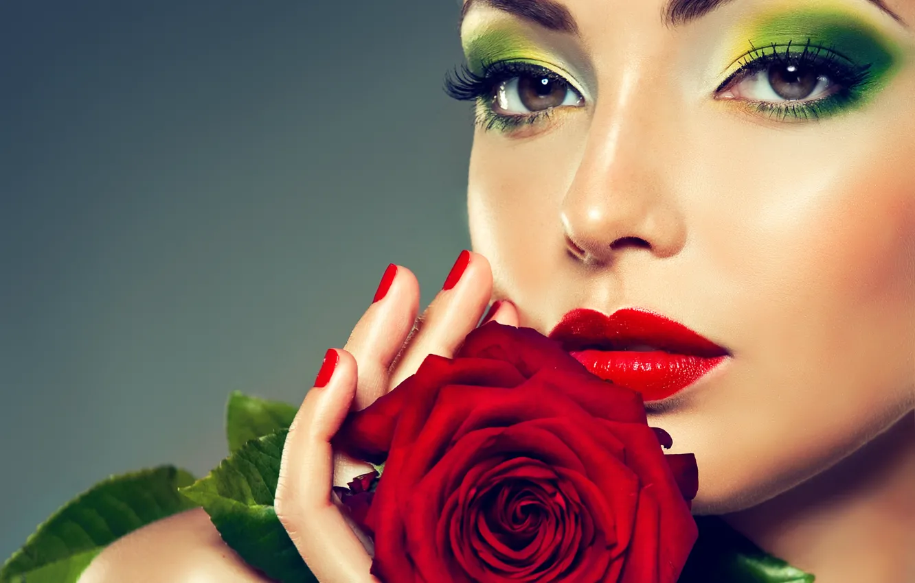 Photo wallpaper eyes, girl, flowers, roses, lips, red, girl, rose