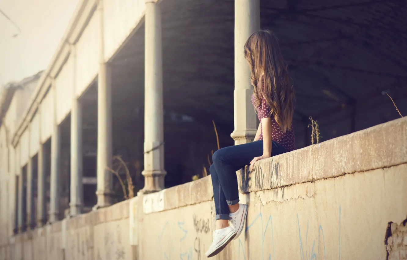Photo wallpaper girl, pose, hair, sneakers, sitting