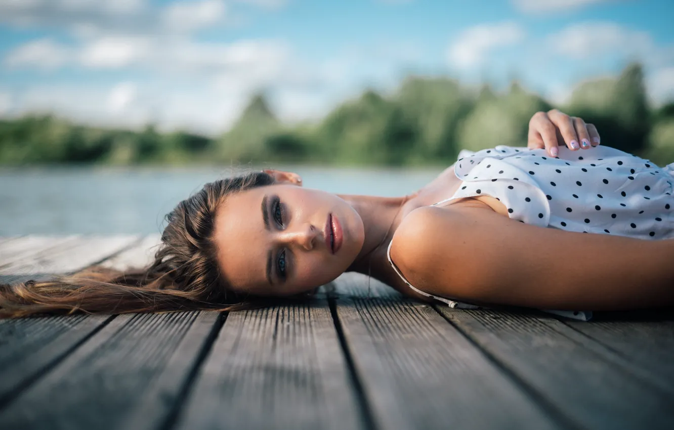 Photo wallpaper summer, the sky, girl, face, mood, stay, shore, Board