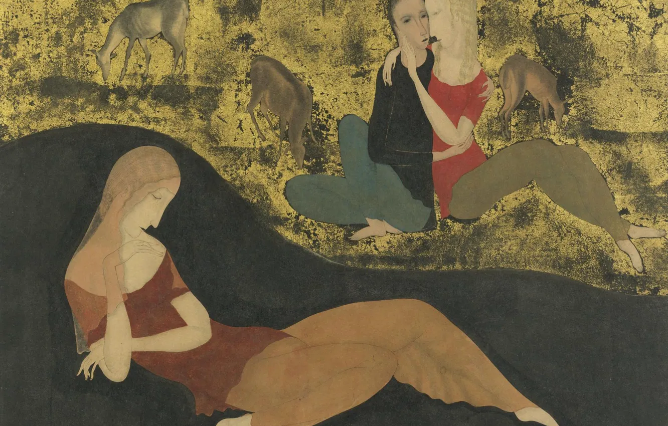 Photo wallpaper dream, girl, horse, gouache, Tsuguharu, Fujita, pen and ink, gold leaf on paper