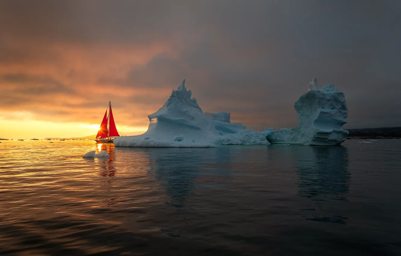 Photo wallpaper sea, sunset, yacht, iceberg, Greenland, Scarlet sails