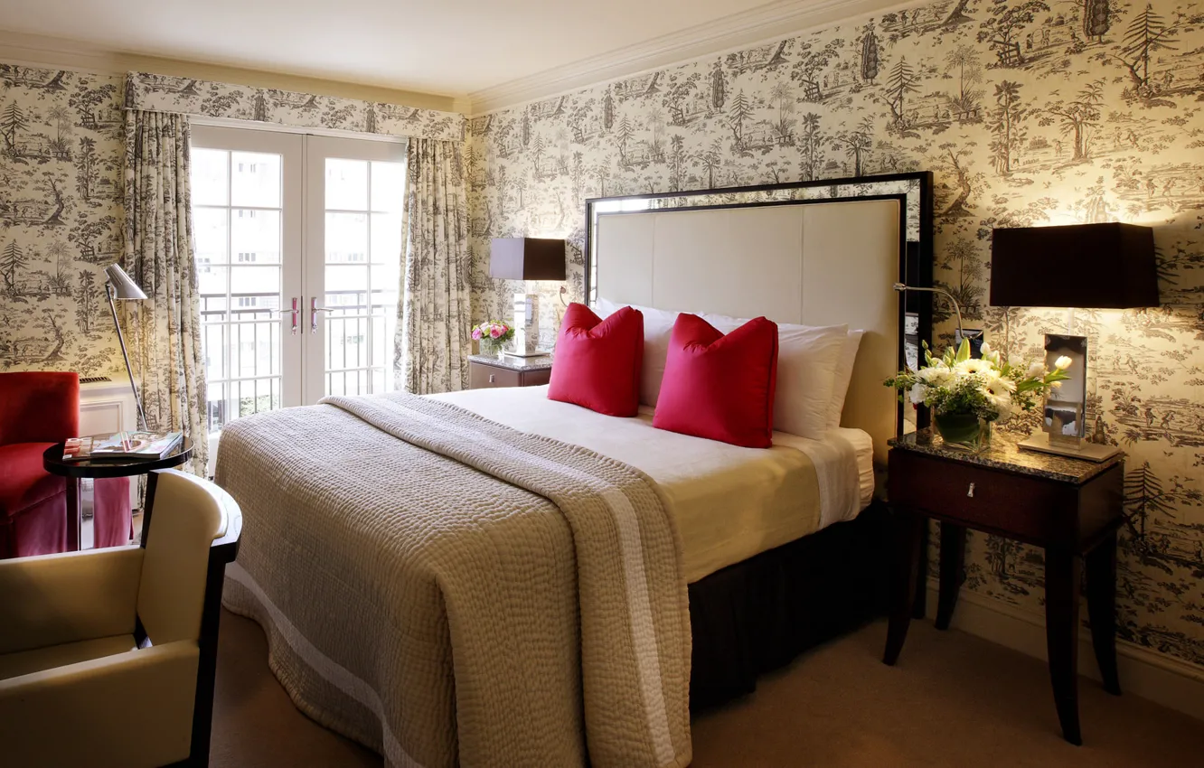 Photo wallpaper flowers, design, style, table, room, plant, bed, interior