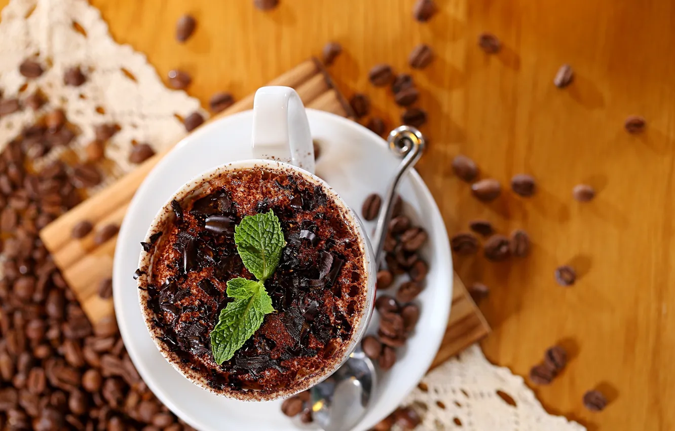 Photo wallpaper white, coffee, chocolate, grain, spoon, Cup, leaves, mint