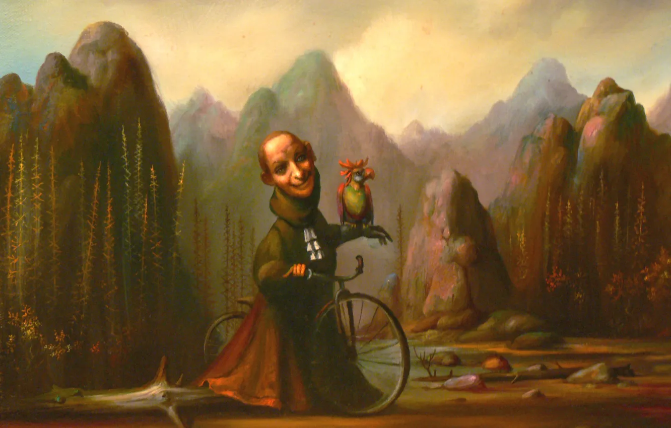 Photo wallpaper mountains, bike, surrealism, parrot, Lazarev I. A