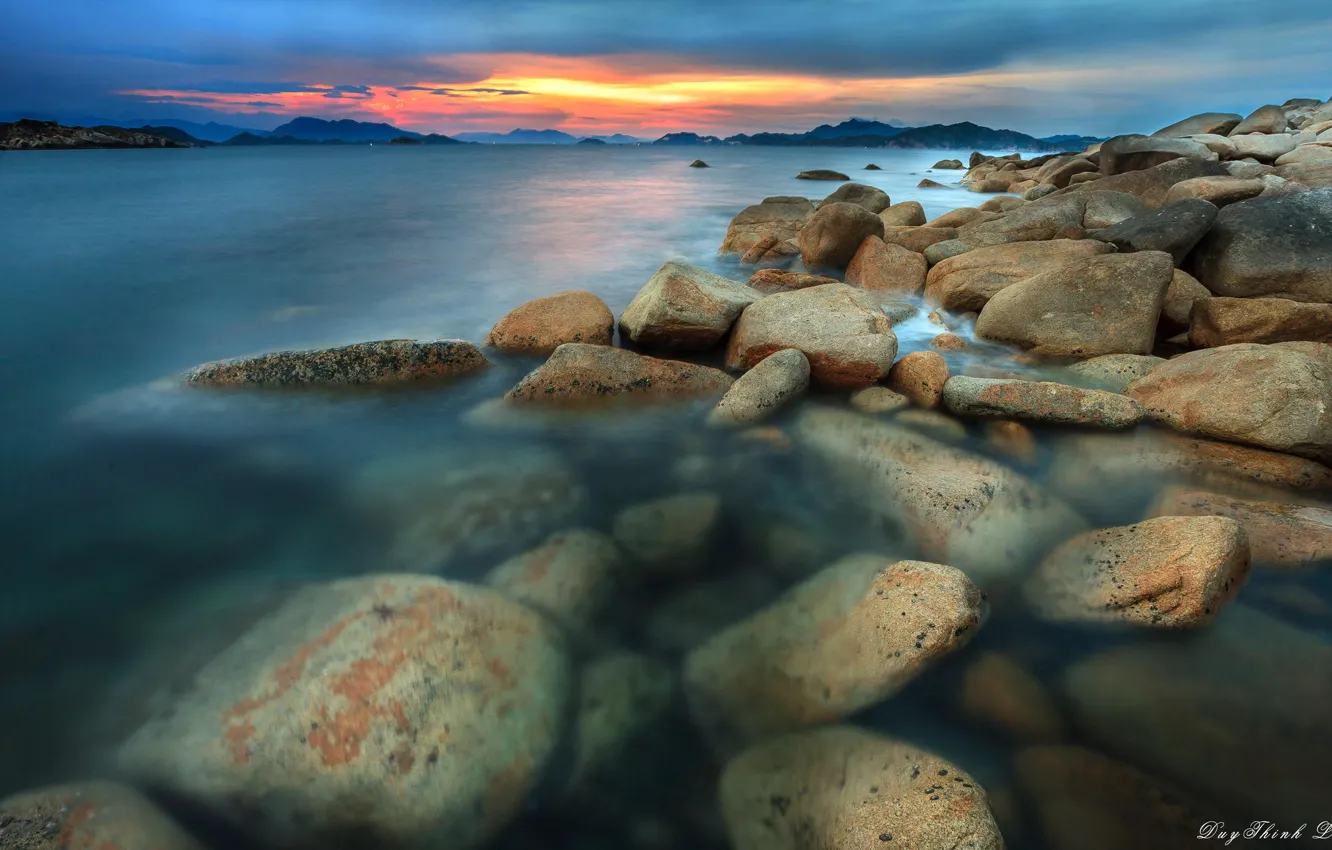 Photo wallpaper sea, landscape, sunset, stones, shore