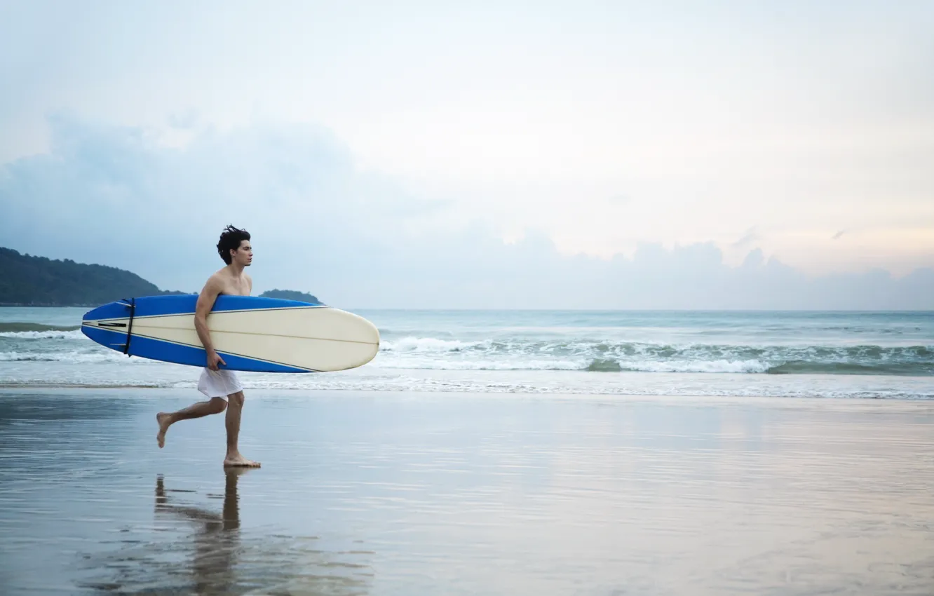 Photo wallpaper sand, beach, stay, shore, male, Board, guy, surfing