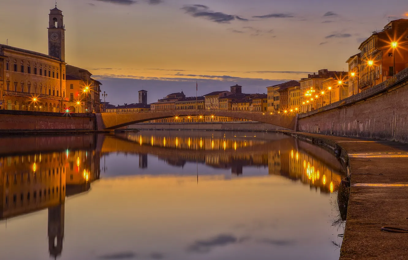 Photo wallpaper bridge, lights, river, home, Italy, Pisa