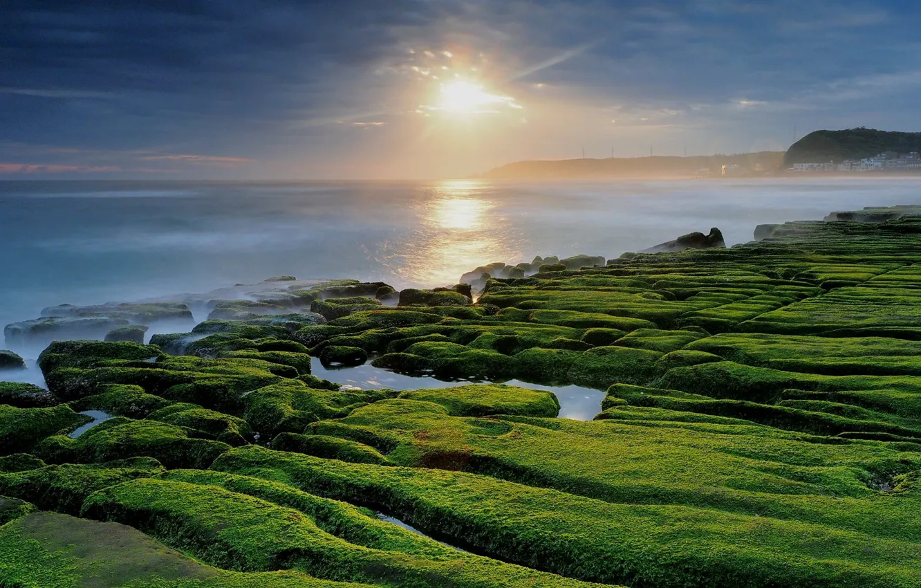 Photo wallpaper sea, the sun, clouds, coast, morning