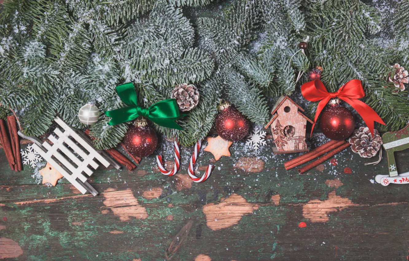 Photo wallpaper snow, balls, New Year, Christmas, wood, merry christmas, decoration, xmas