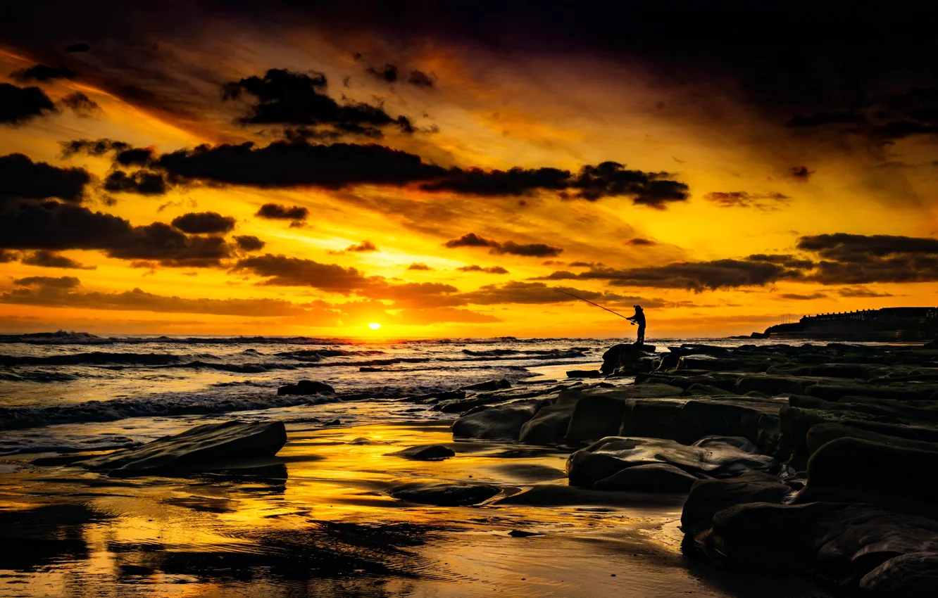 Photo wallpaper SEA, The SKY, CLOUDS, WAVE, SUNSET, SHORE, FISHERMAN, ROD