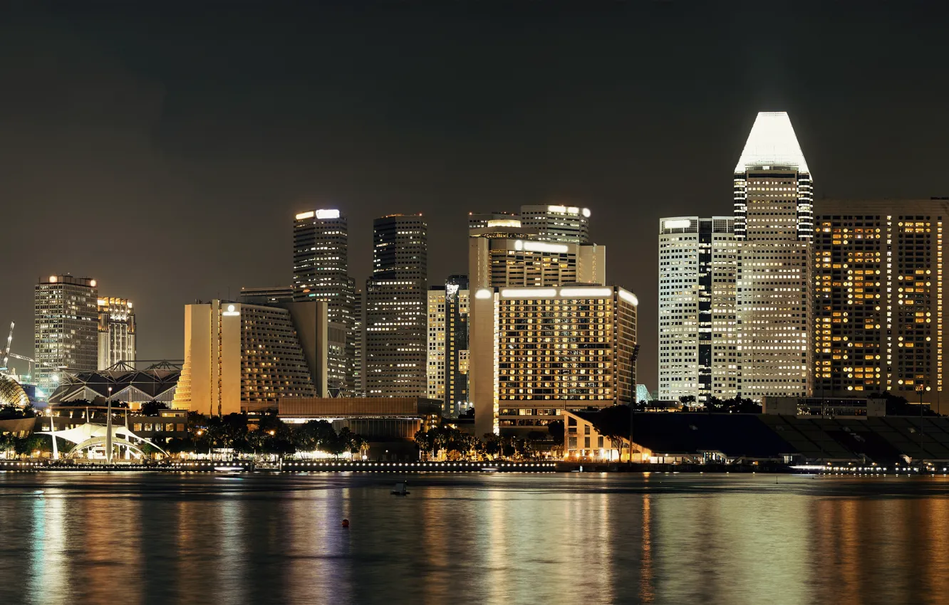 Photo wallpaper the sky, night, the city, lights, shore, building, home, skyscrapers