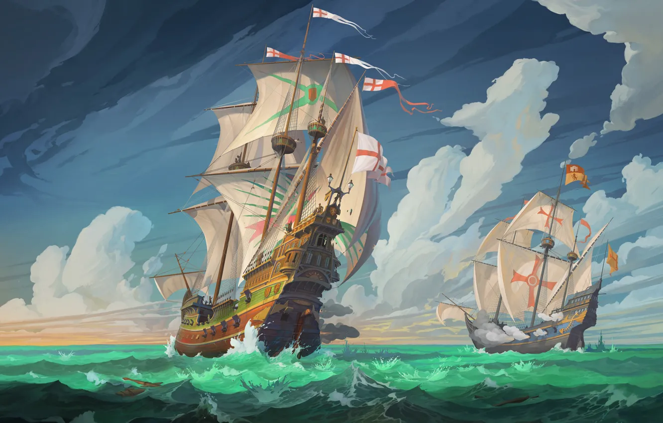 Photo wallpaper England, The ocean, Sea, Figure, Fire, Battle, Sailboats, Ships