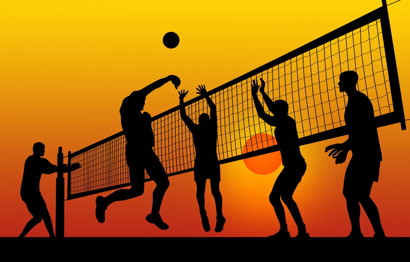Photo wallpaper sunset, mesh, jump, sport, graphics, the ball, men, volleyball