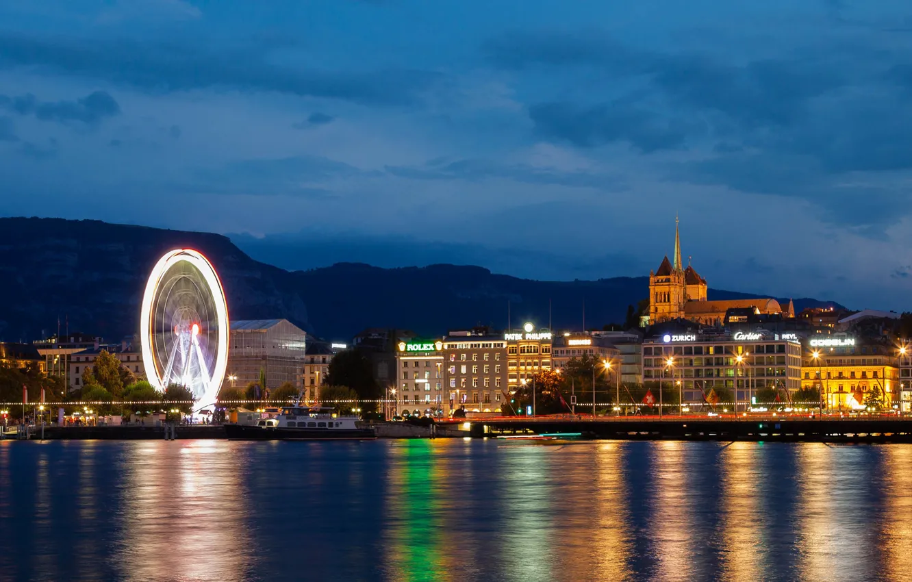 Photo wallpaper night, the city, photo, pier, Switzerland, Geneva, Genevа