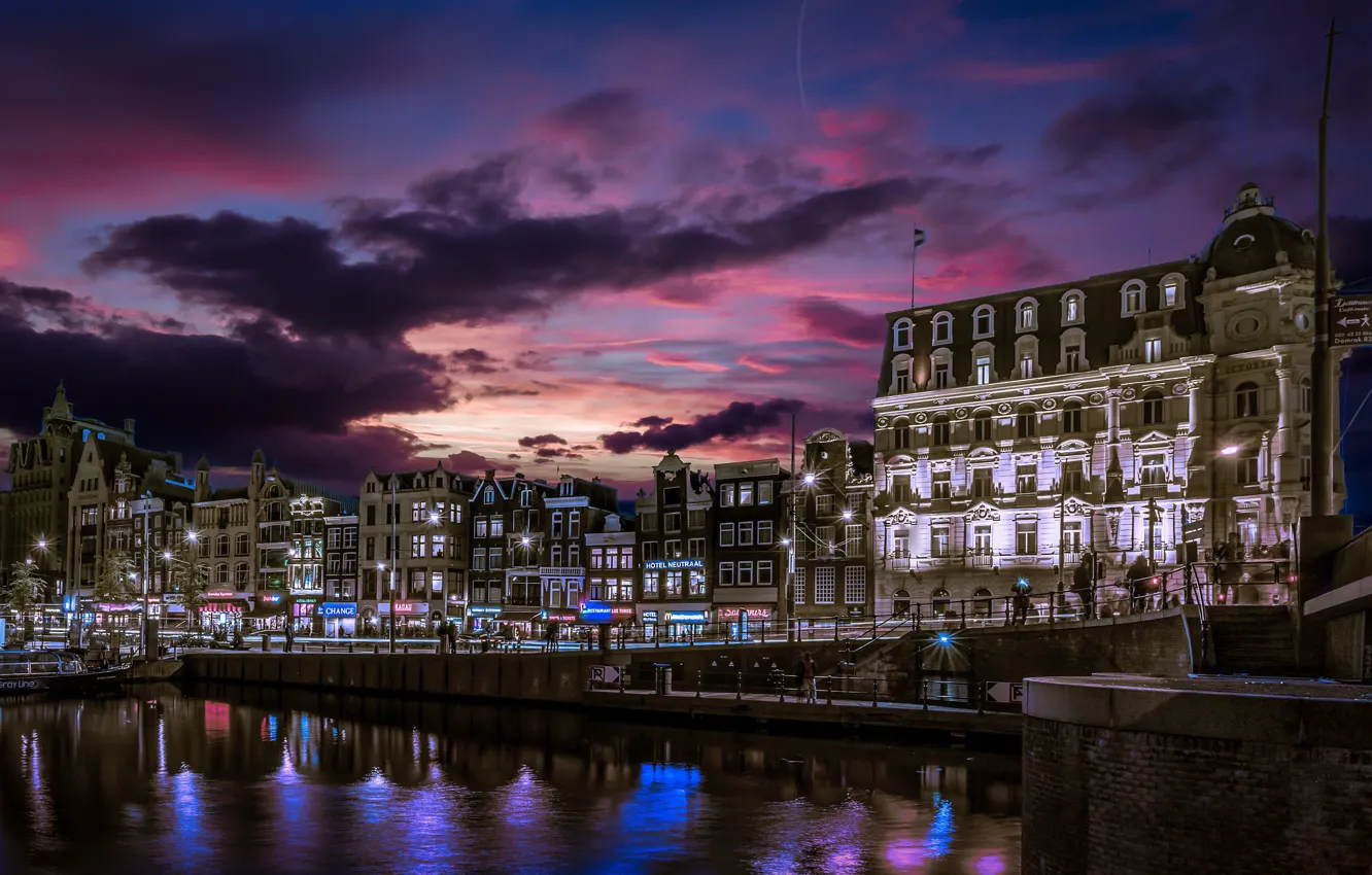Photo wallpaper building, home, Amsterdam, channel, Netherlands, night city, promenade, Amsterdam
