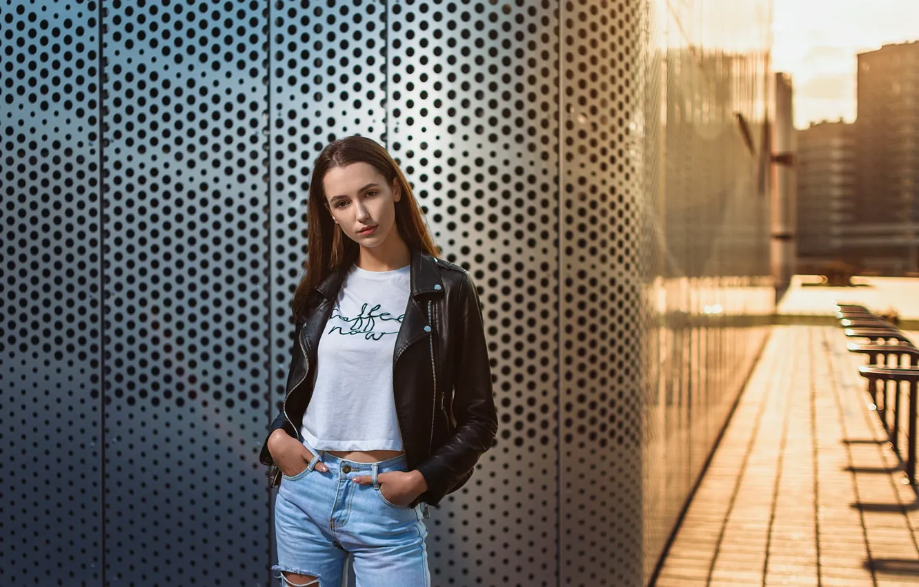 Photo wallpaper pose, the inscription, hair, jeans, jacket, t-shirt, brown hair, bokeh