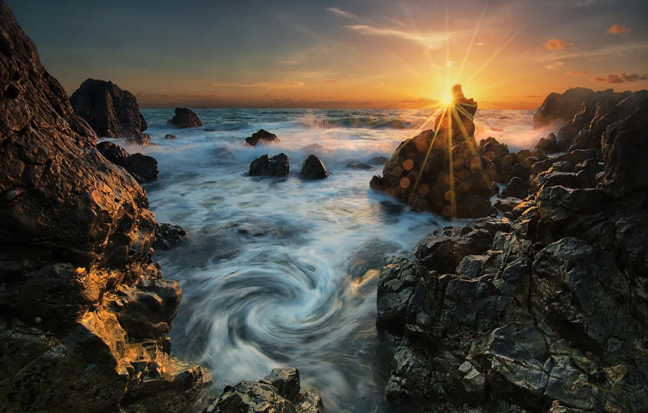Photo wallpaper sea, the sun, rays, glare, stones, rocks, shore, morning