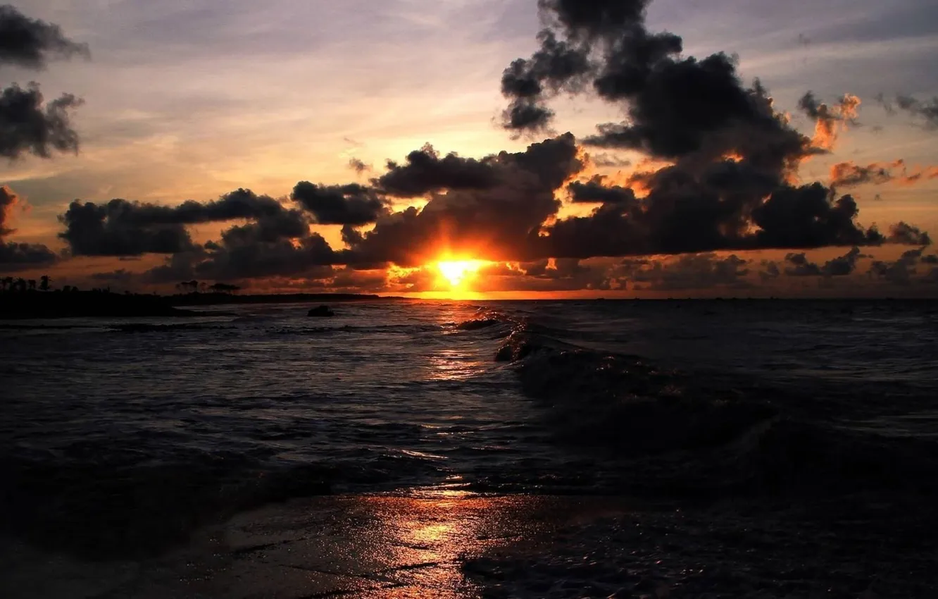 Photo wallpaper sand, sea, wave, beach, sunset, shore