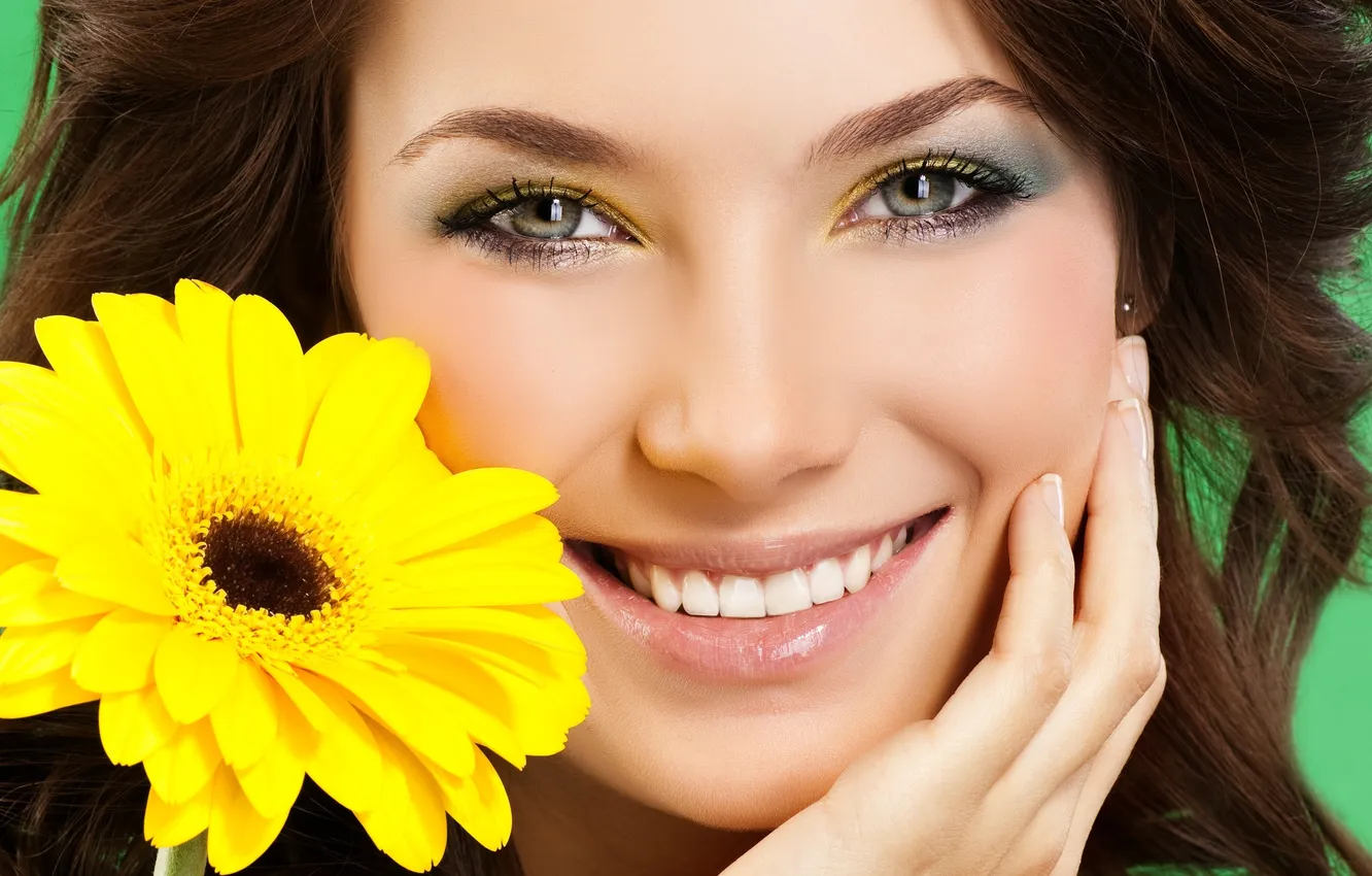 Photo wallpaper flower, look, girl, smile, brown hair, gray-eyed