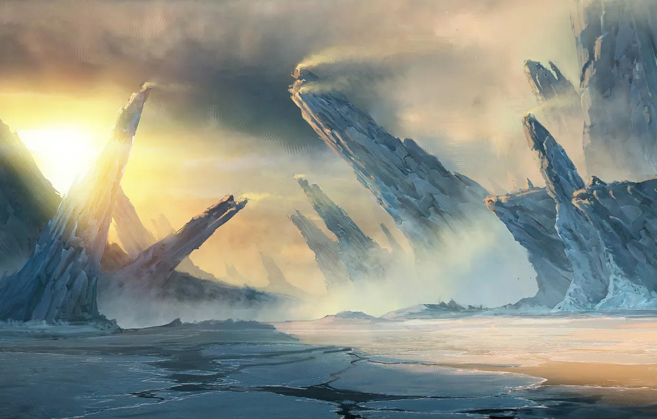 Photo wallpaper ice, sea, water, snow, landscape, rocks, the wind, dawn