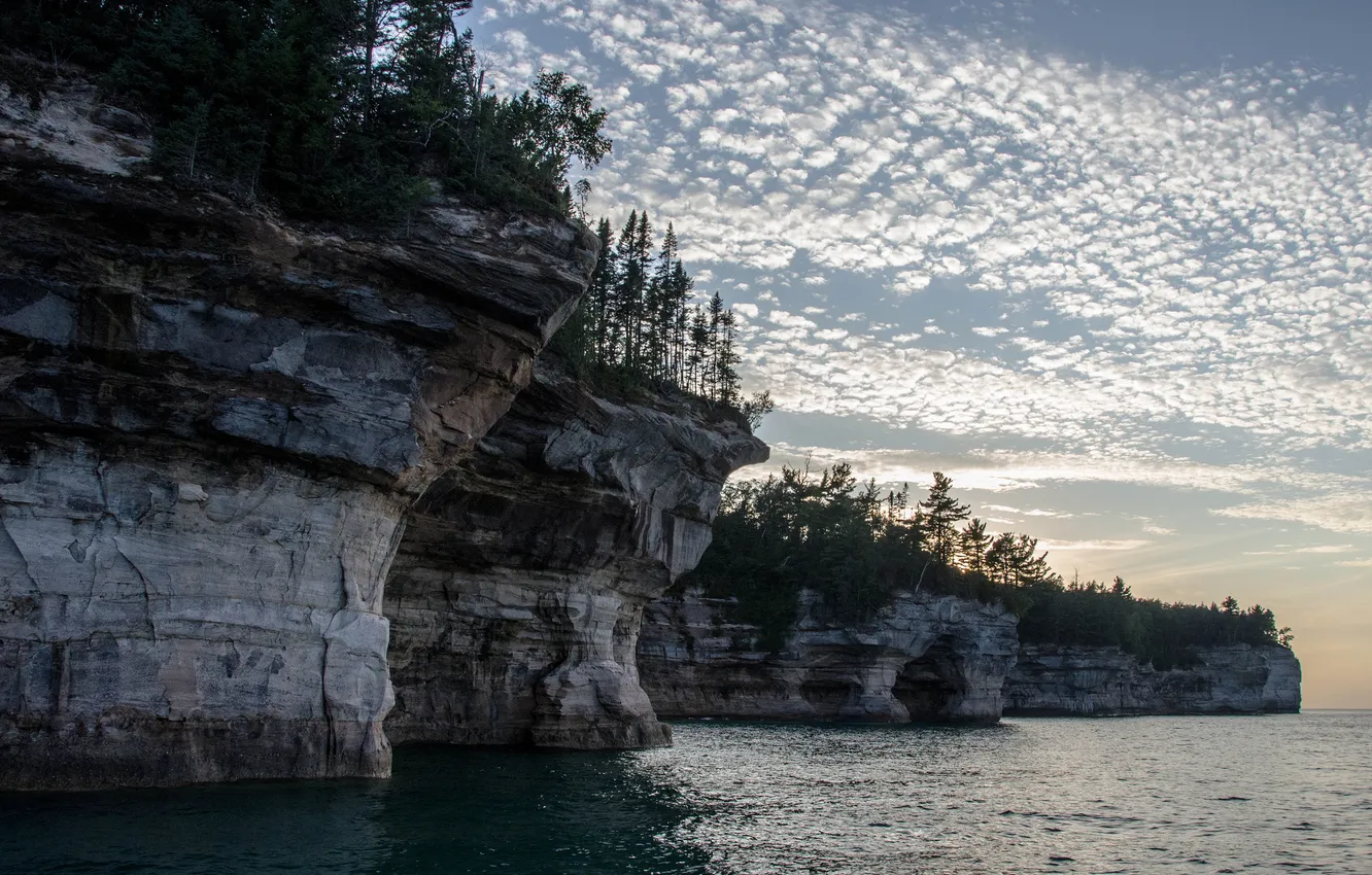Photo wallpaper sea, the sky, clouds, trees, lake, open, rocks