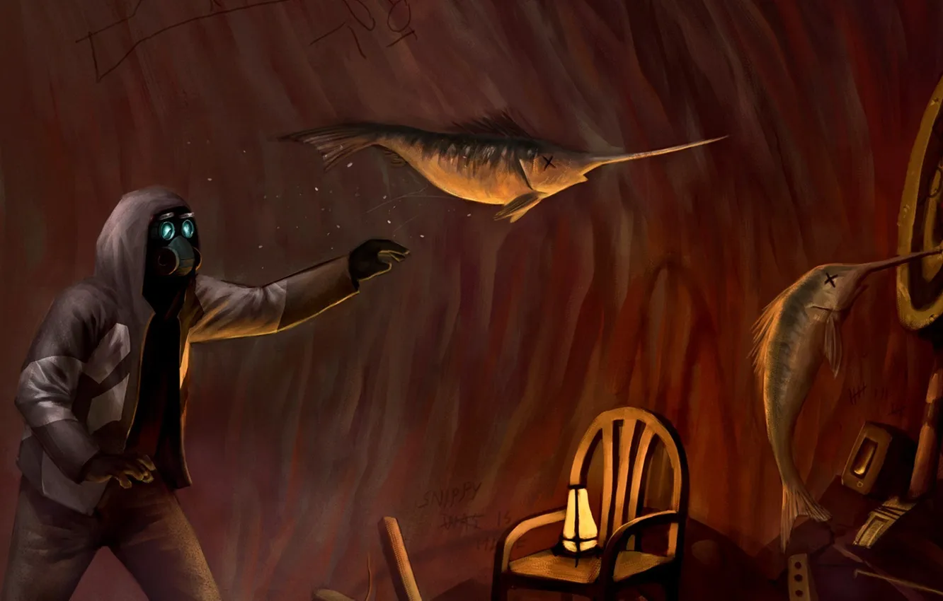 Photo wallpaper the inscription, fish, art, lights, chair, lamp, sniper, Darts