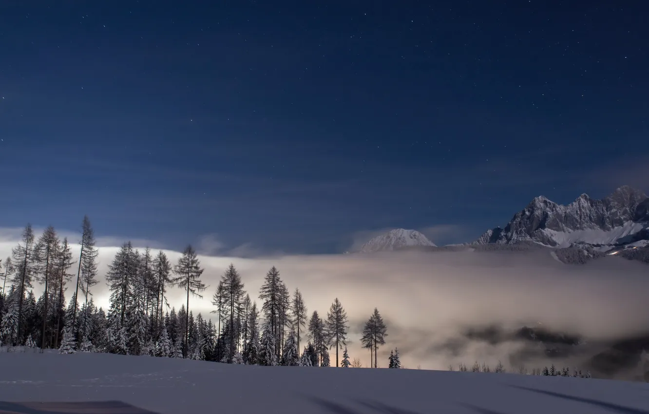 Photo wallpaper the sky, snow, landscape, mountains, morning