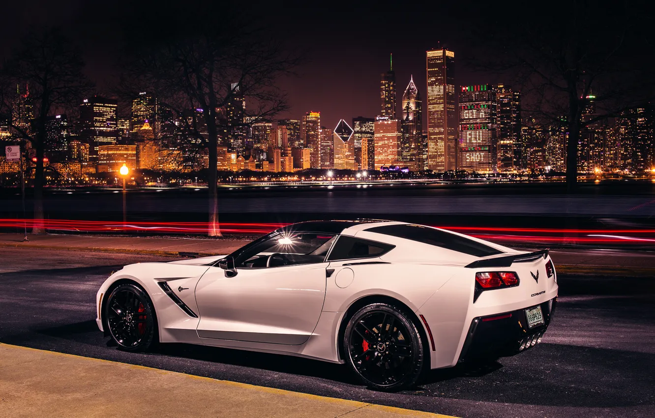 Photo wallpaper road, light, night, the city, excerpt, Corvette, Chevrolet, USA