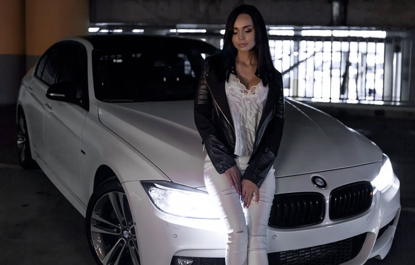 Photo wallpaper girl, BMW, beautiful girl, Valeria, white car, posing on the car