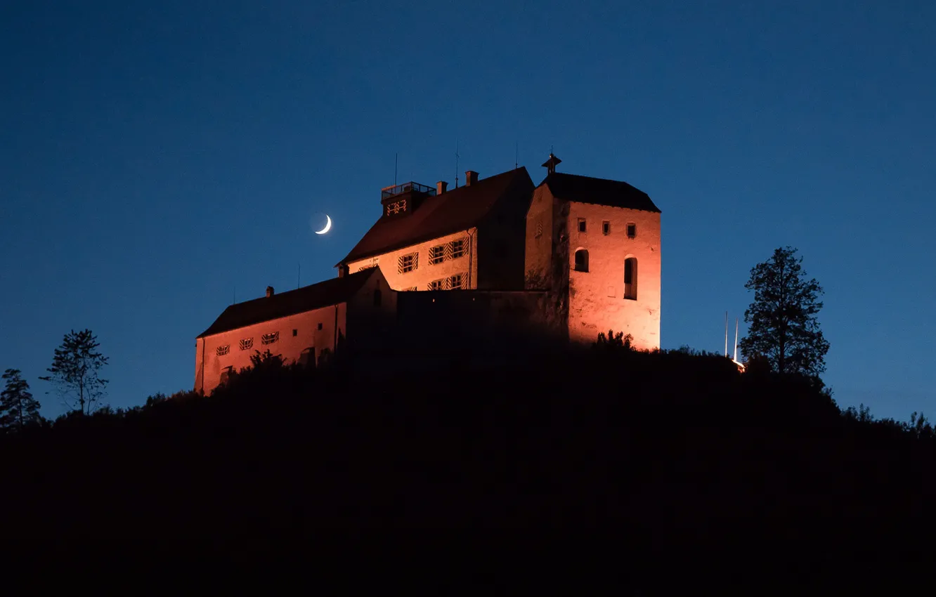 Photo wallpaper night, house, castle, tree, mountain, The moon, silhouette, hill