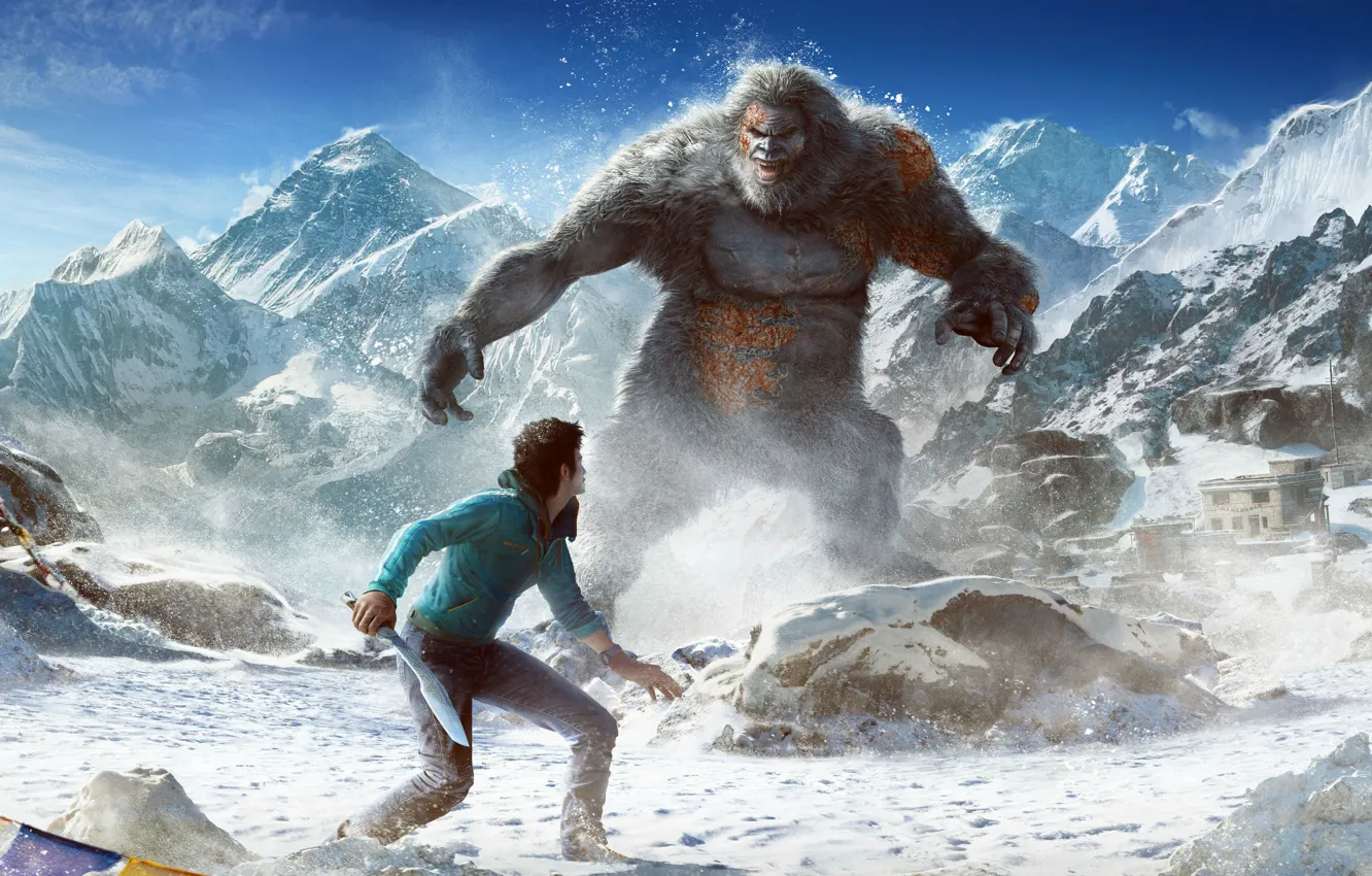 Photo wallpaper the sky, look, clouds, snow, mountains, weapons, fur, Ubisoft