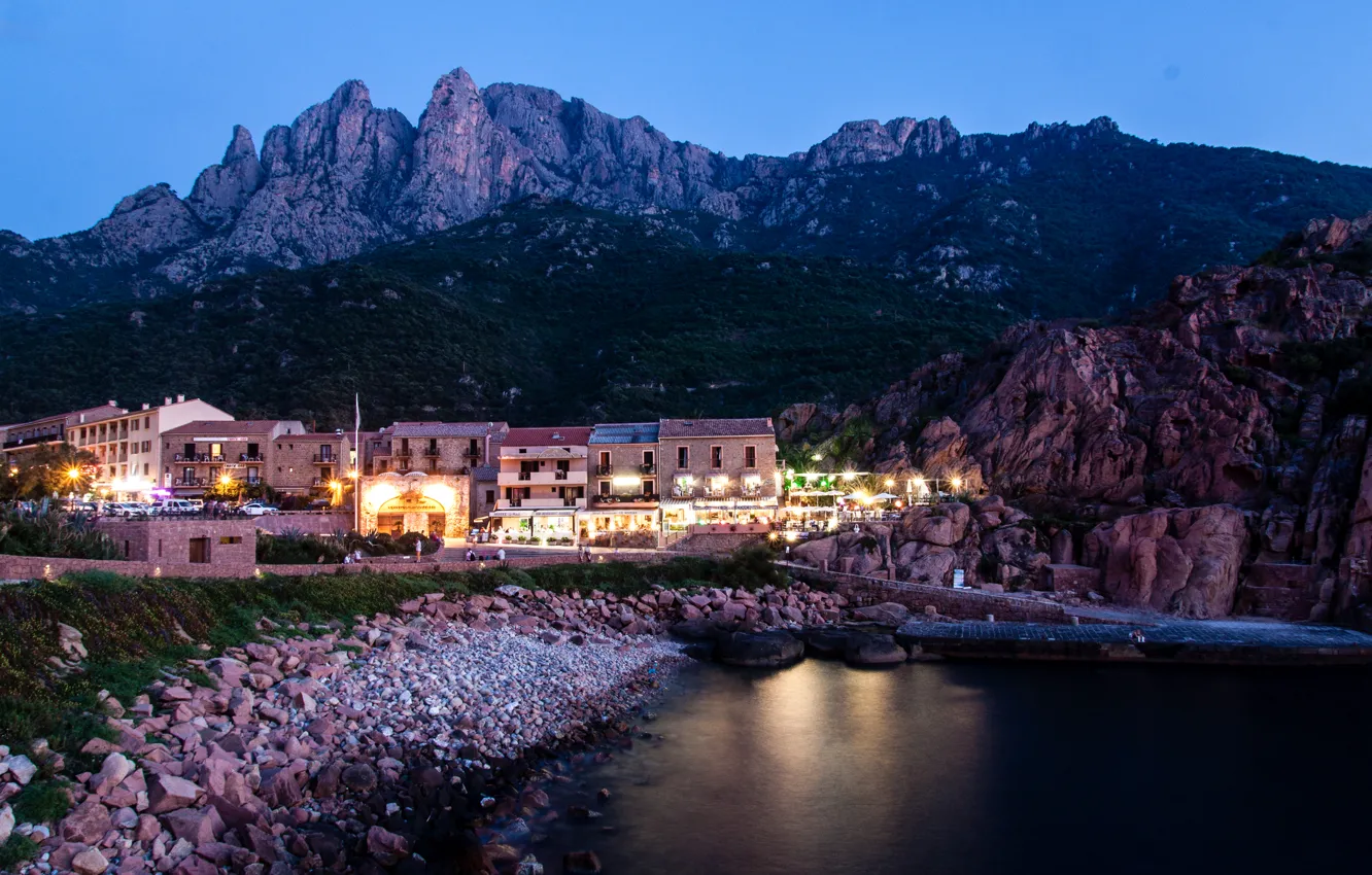 Photo wallpaper lights, stones, rocks, coast, France, island, home, the evening
